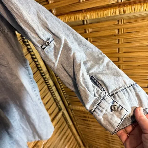 Tantrums Chambray Smocked Bib Blouse Roll Tab Sleeves XXL boho western classic - Picture 6 of 8